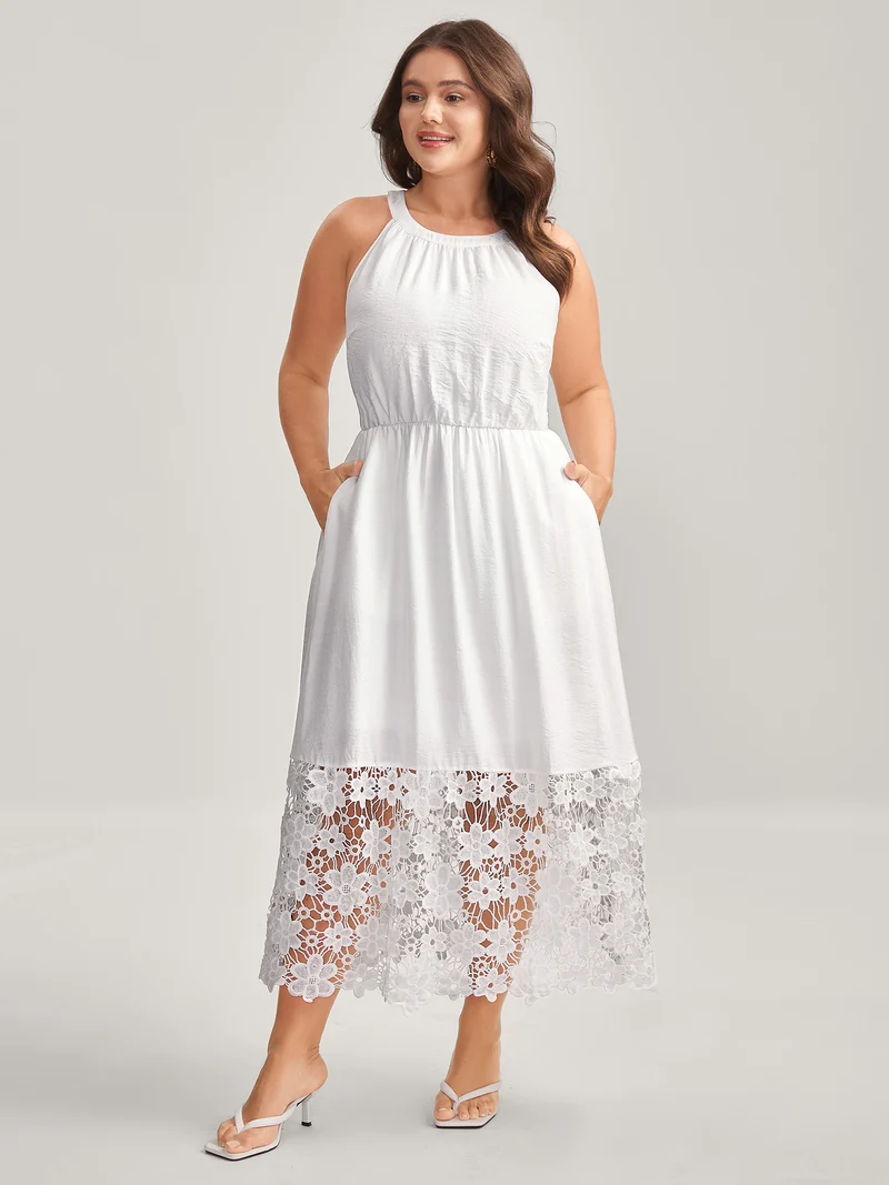 Scalloped Lace Hem Halter Neck Midi Dress