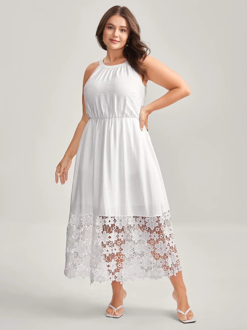 Scalloped Lace Hem Halter Neck Midi Dress
