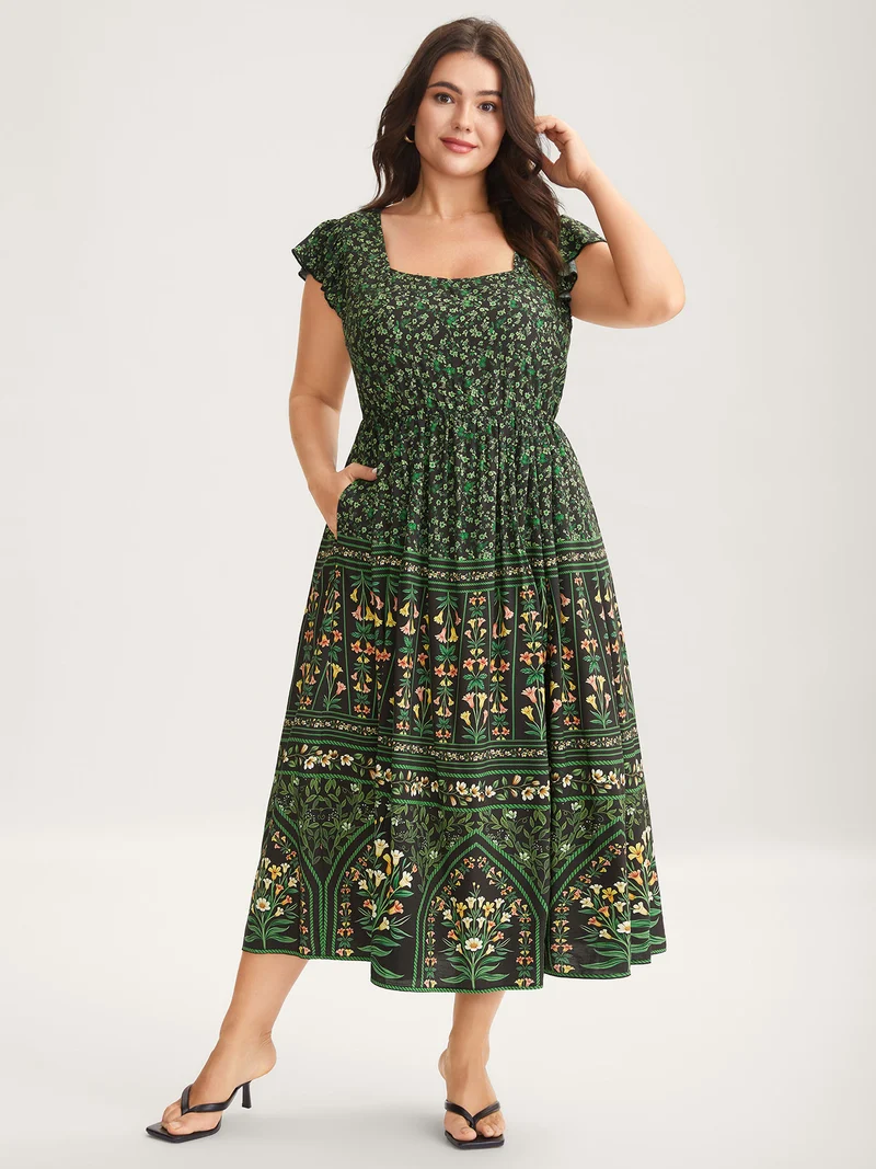 Rayon Garden Fresh Ruffled Sleeve Midi Dress