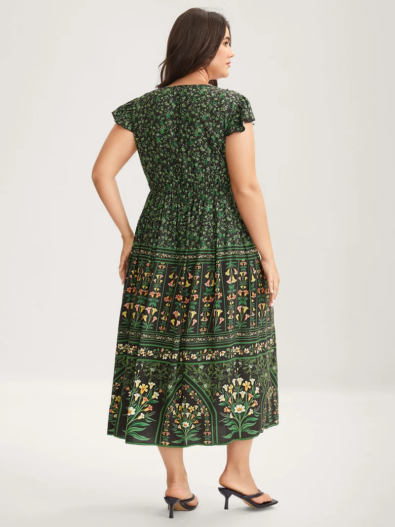 Rayon Garden Fresh Ruffled Sleeve Midi Dress