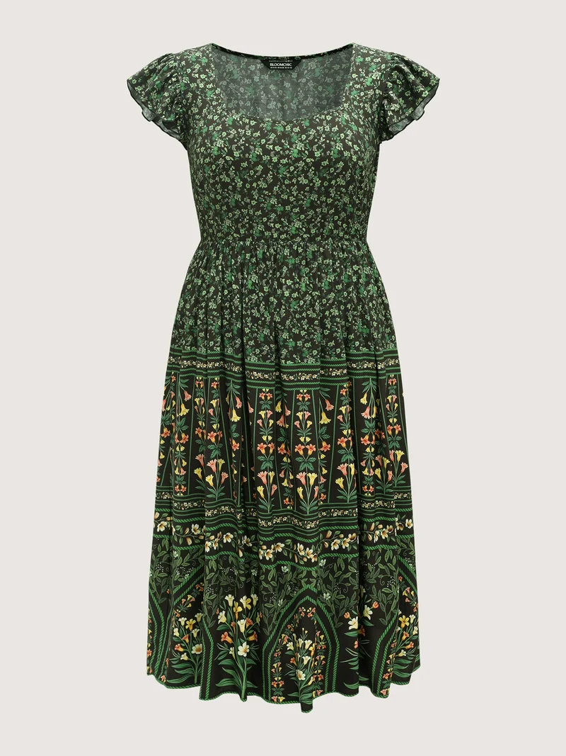 Rayon Garden Fresh Ruffled Sleeve Midi Dress