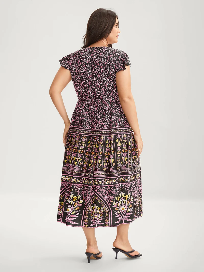 Rayon Garden Fresh Ruffled Sleeve Midi Dress