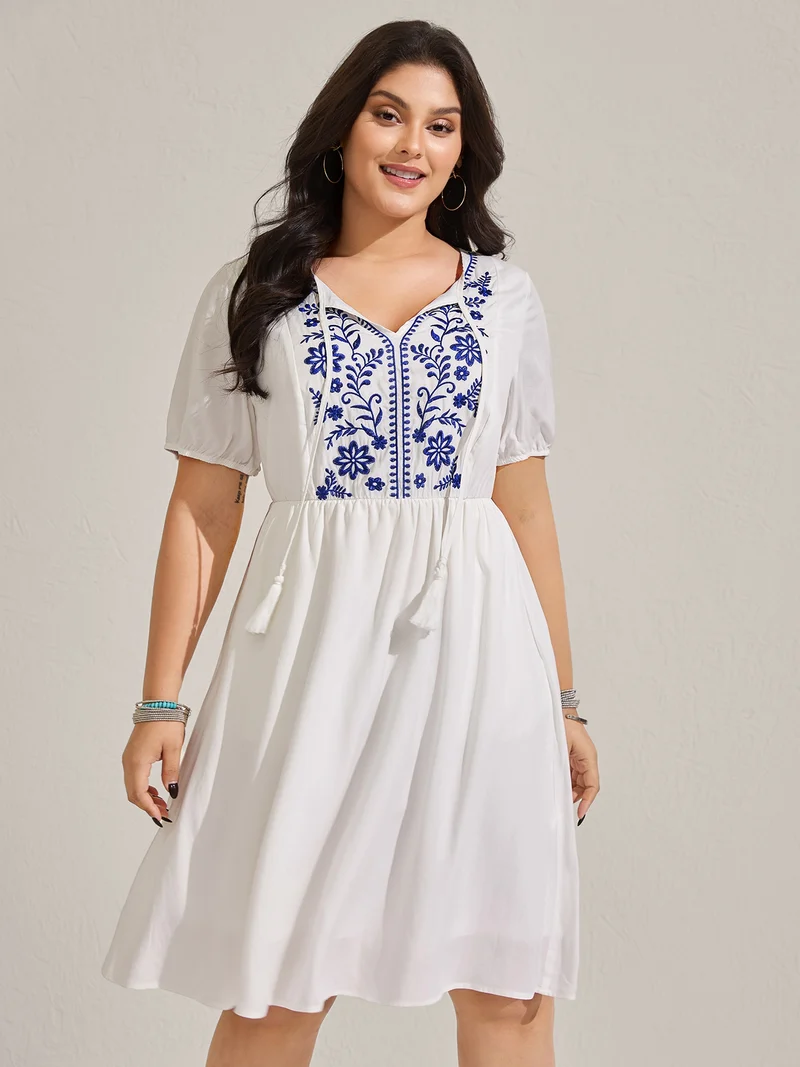 Floral Embroidery Pockets Tassels Midi Dress