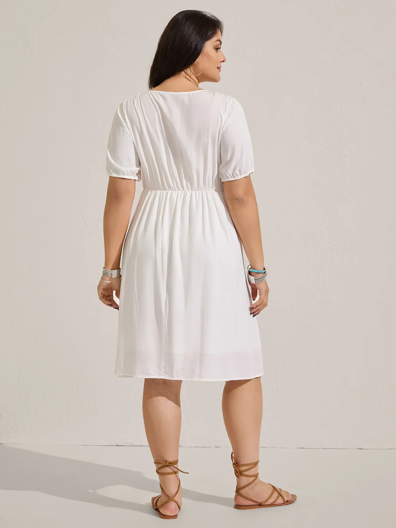 Floral Embroidery Pockets Tassels Midi Dress