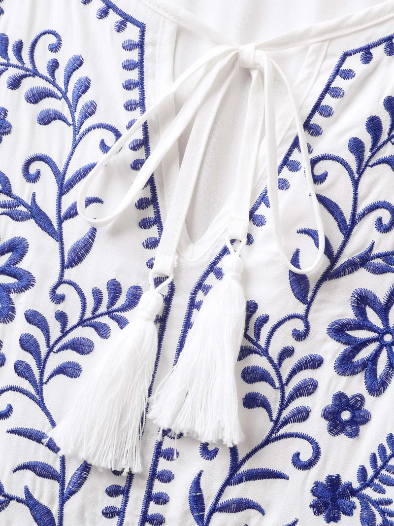 Floral Embroidery Pockets Tassels Midi Dress