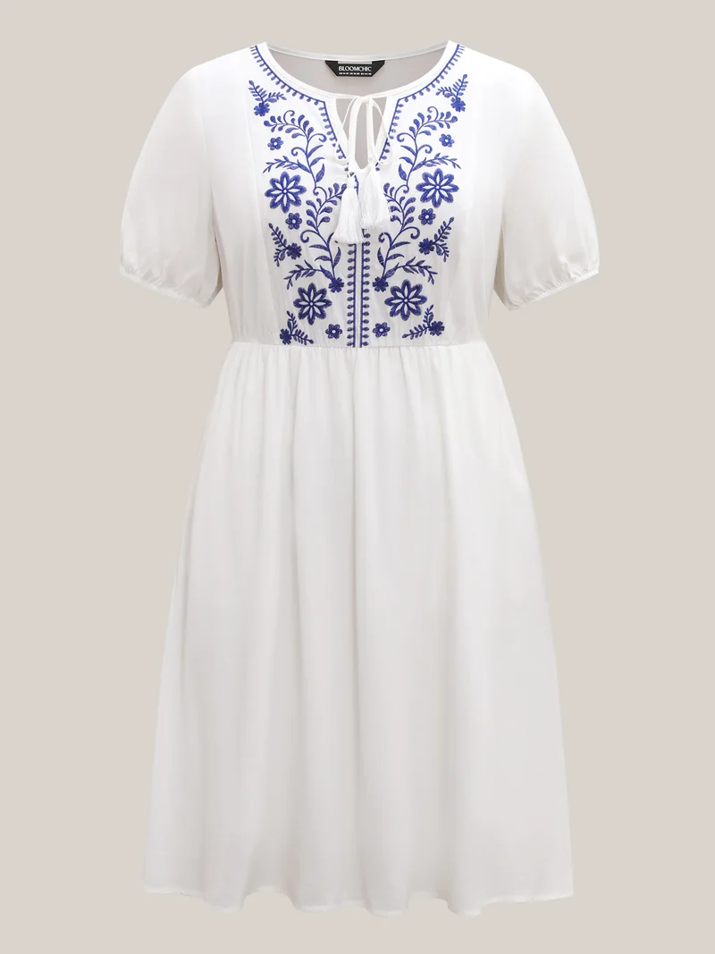 Floral Embroidery Pockets Tassels Midi Dress