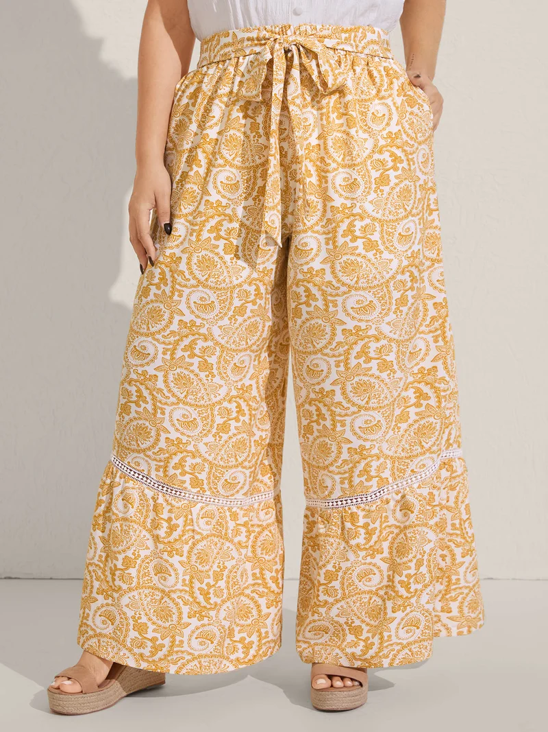 Paisely Print Lace Trim Wide-Leg Pants