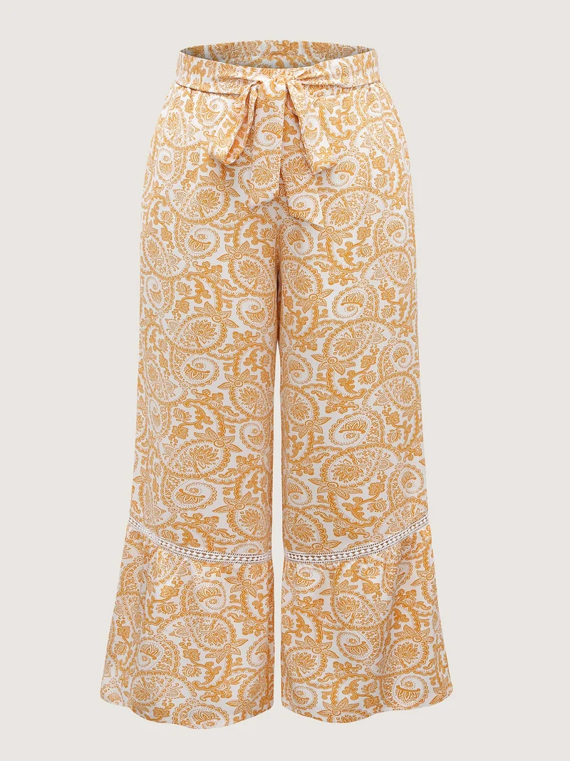 Paisely Print Lace Trim Wide-Leg Pants