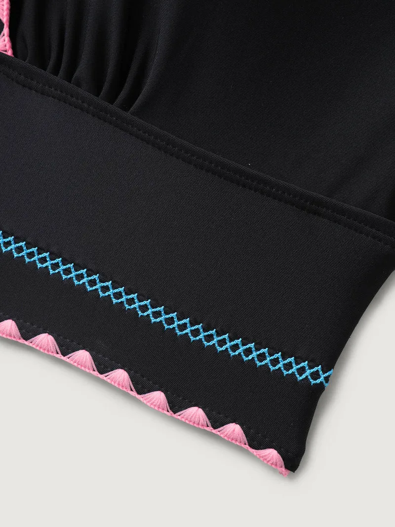 Embroidered Color Contrast Swim Top