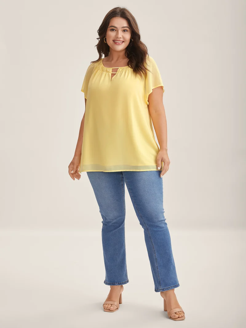 Sheer Lined Neck Cut-Out Blouse