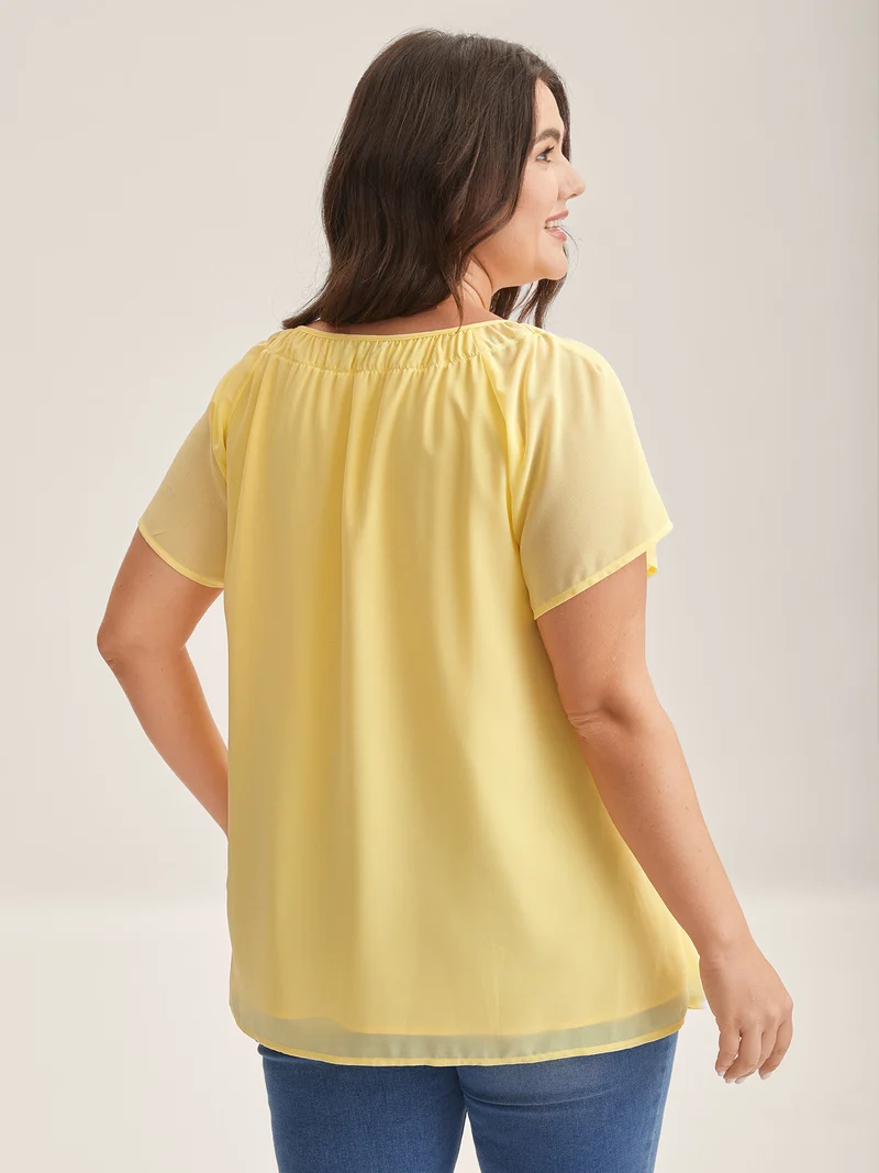 Sheer Lined Neck Cut-Out Blouse