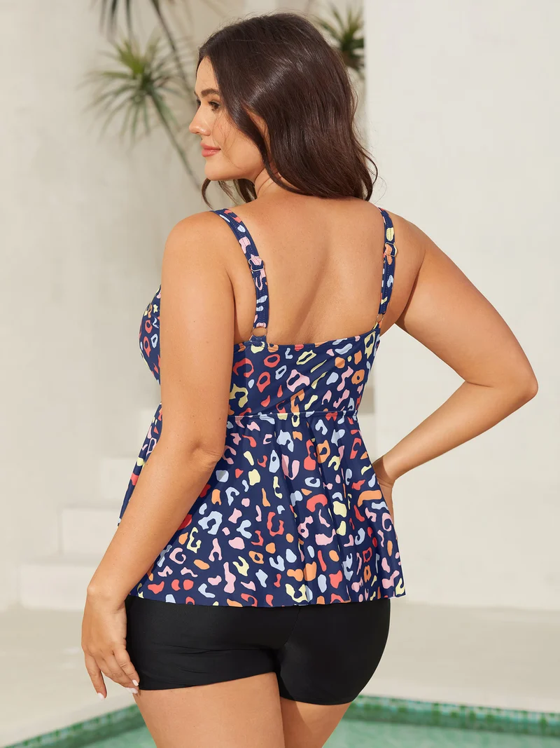 Multicolor Leopard Print Drawstring Swim Top