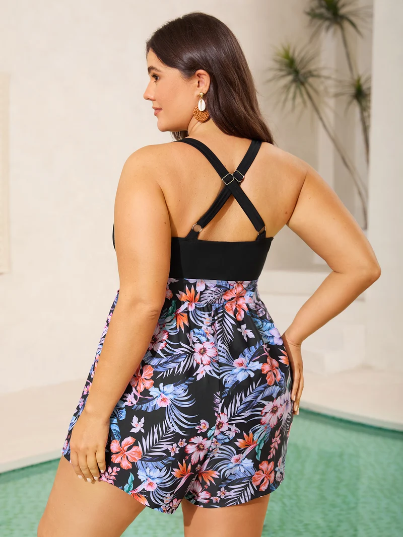 Tropical Print Drawstring Pockets Swim Romper