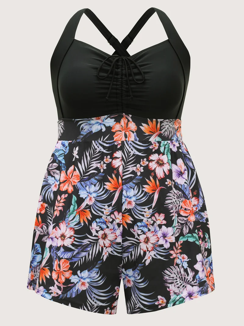 Tropical Print Drawstring Pockets Swim Romper