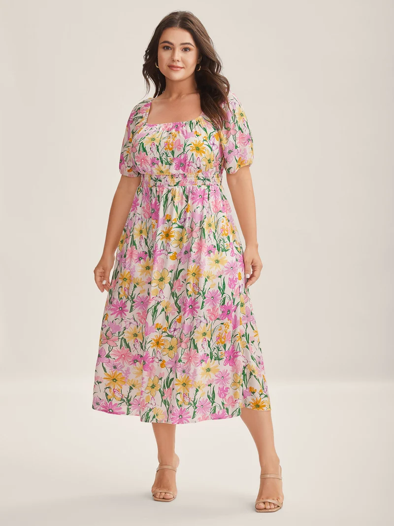 Sweet Floral Print Square Neck Midi Dress