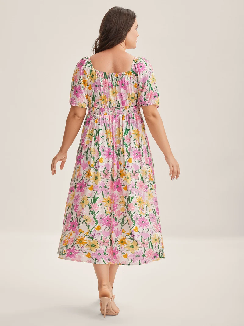 Sweet Floral Print Square Neck Midi Dress