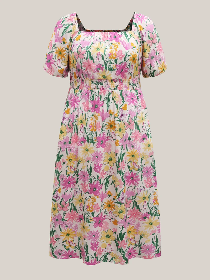 Sweet Floral Print Square Neck Midi Dress