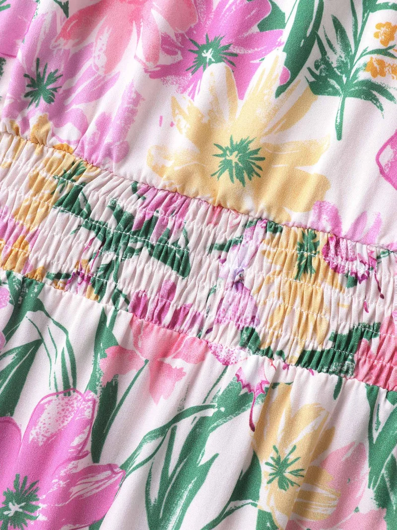 Sweet Floral Print Square Neck Midi Dress