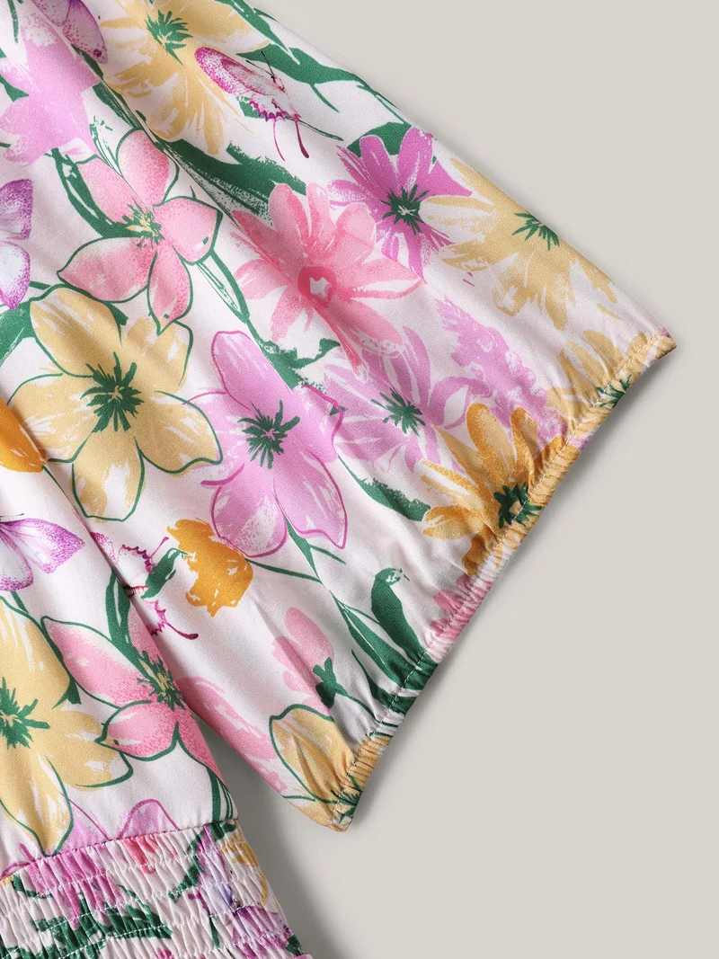 Sweet Floral Print Square Neck Midi Dress