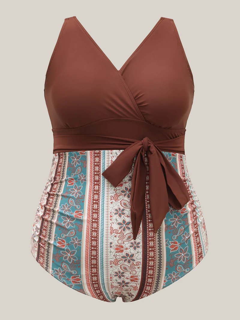 Boho Print Non-Removable Belt One-Piece Swimsuit