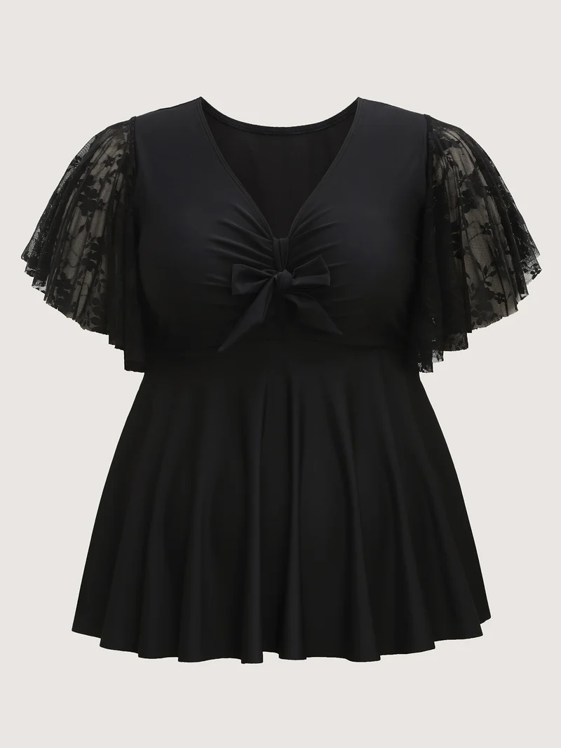 Knotted Lace Sheer Sleeve Swim Top