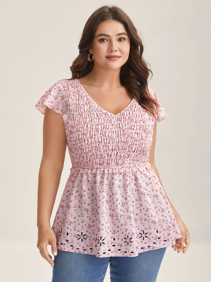 Shirred Laser Cut Hem Floral Blouse