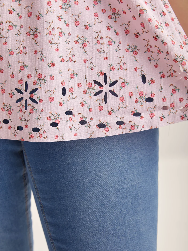 Shirred Laser Cut Hem Floral Blouse