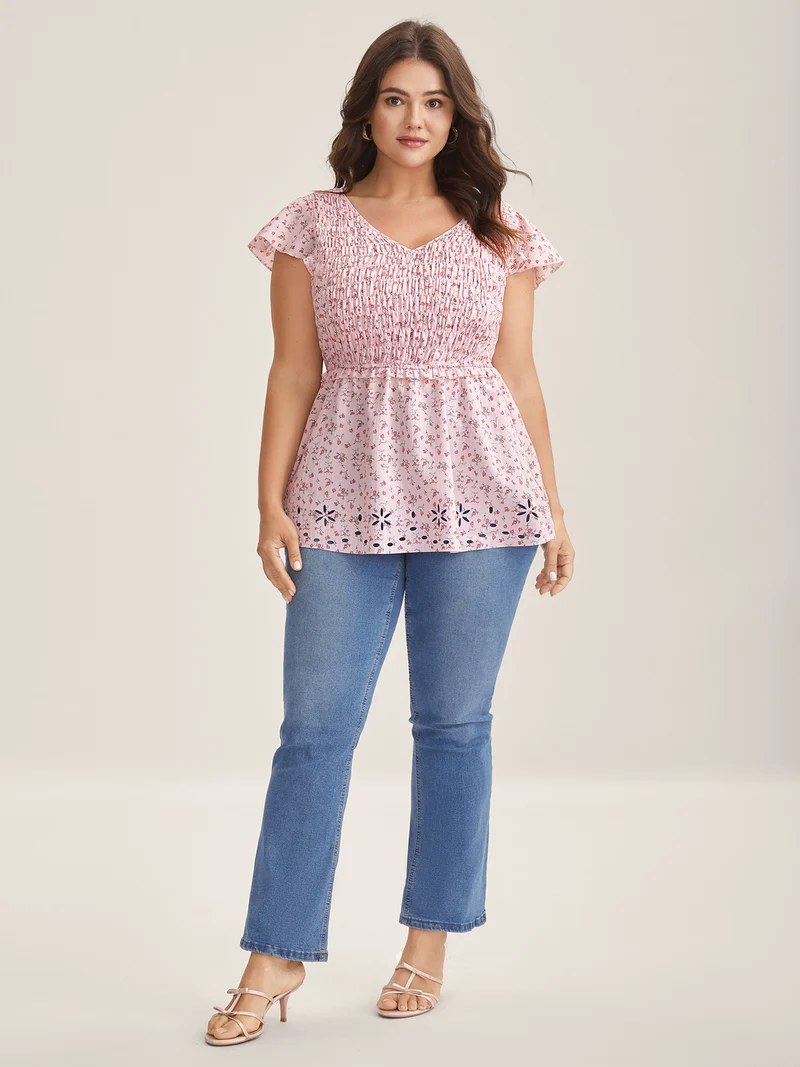Shirred Laser Cut Hem Floral Blouse