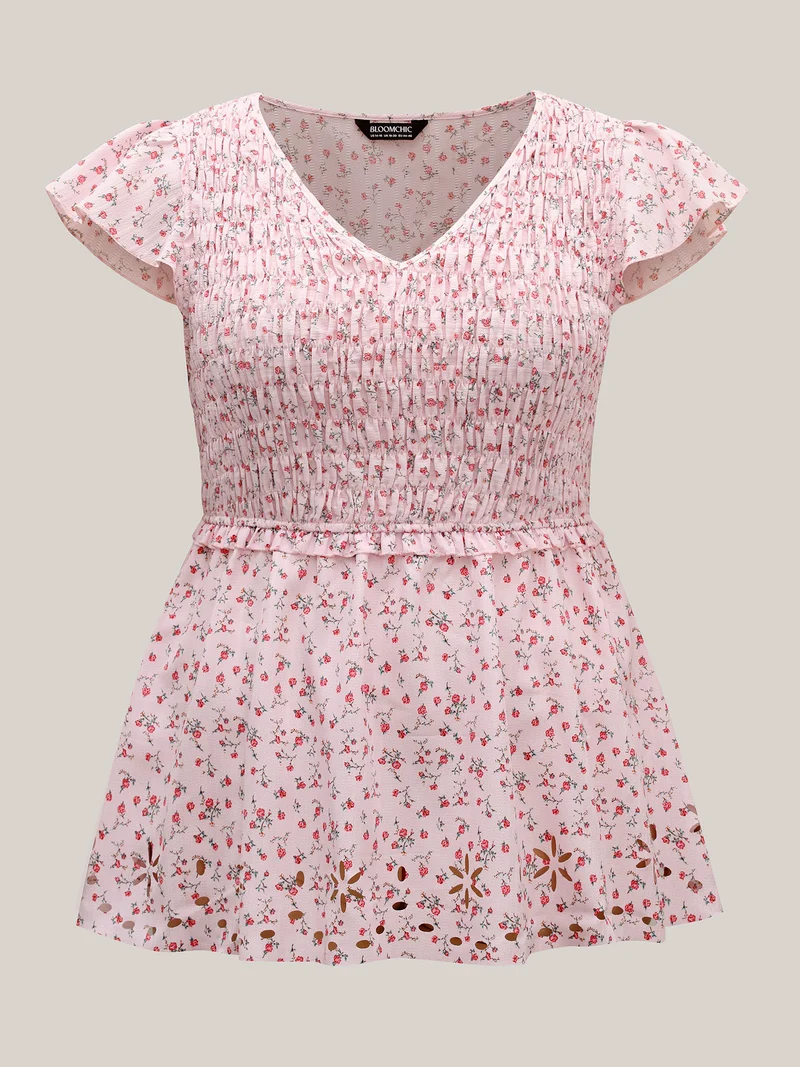 Shirred Laser Cut Hem Floral Blouse