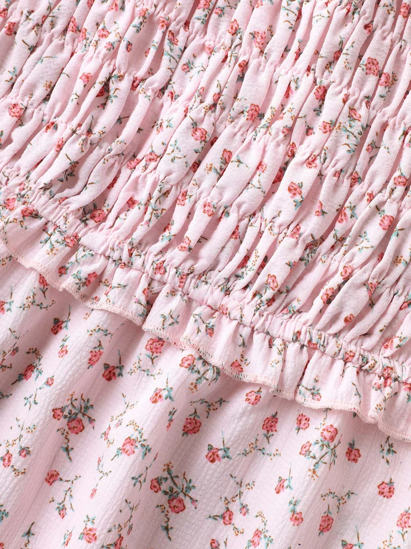 Shirred Laser Cut Hem Floral Blouse