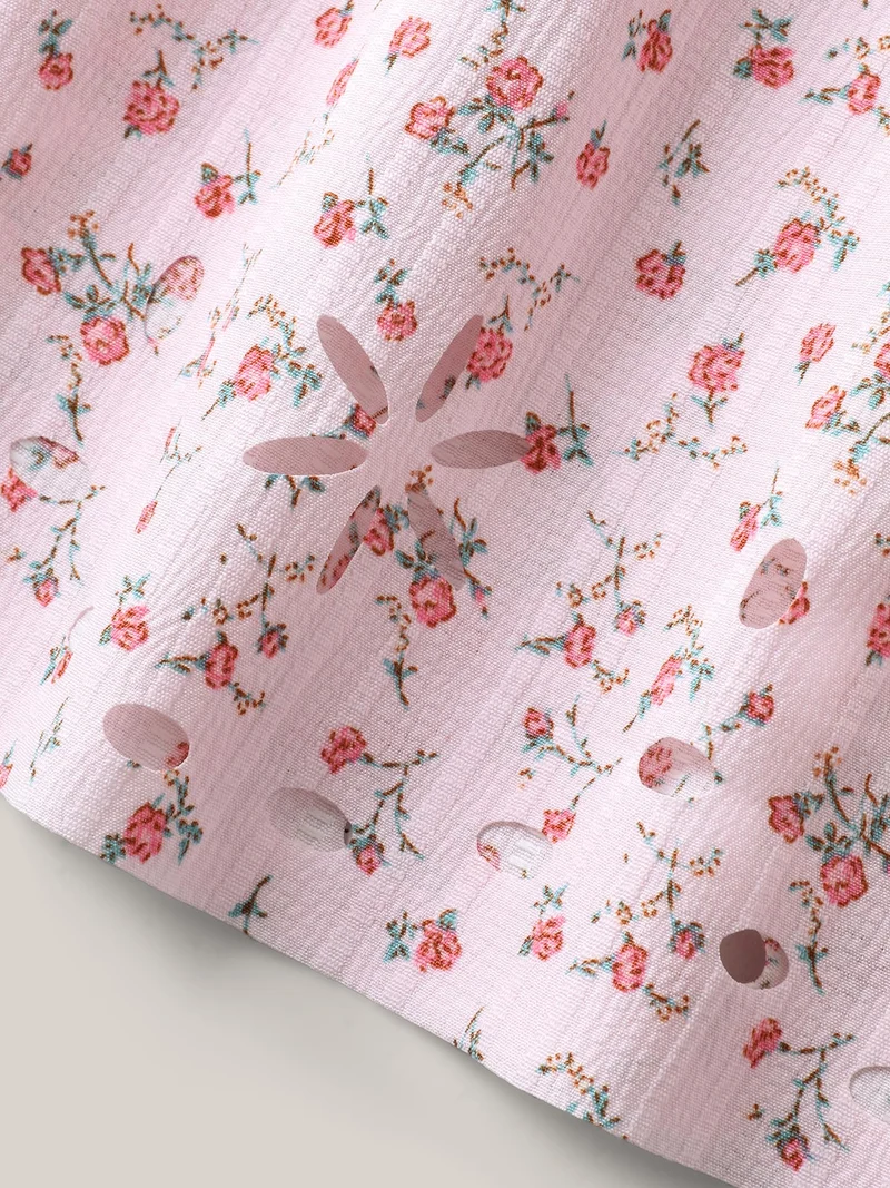 Shirred Laser Cut Hem Floral Blouse