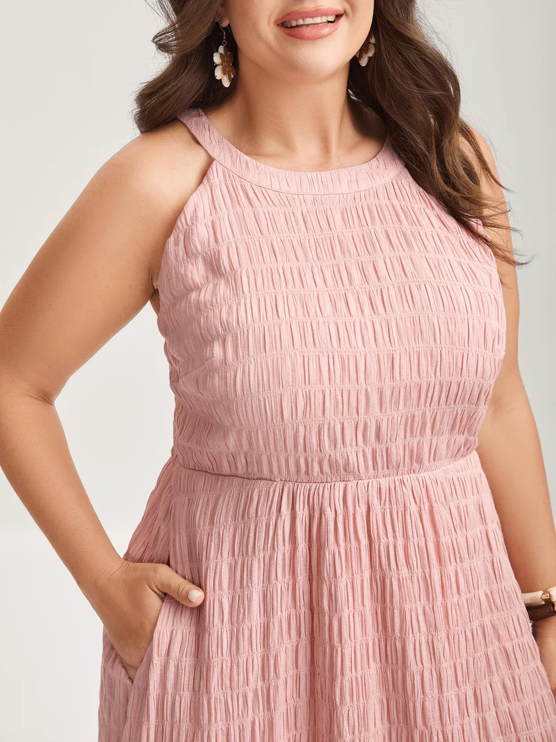 Textured Halter Neck Solid Midi Dress