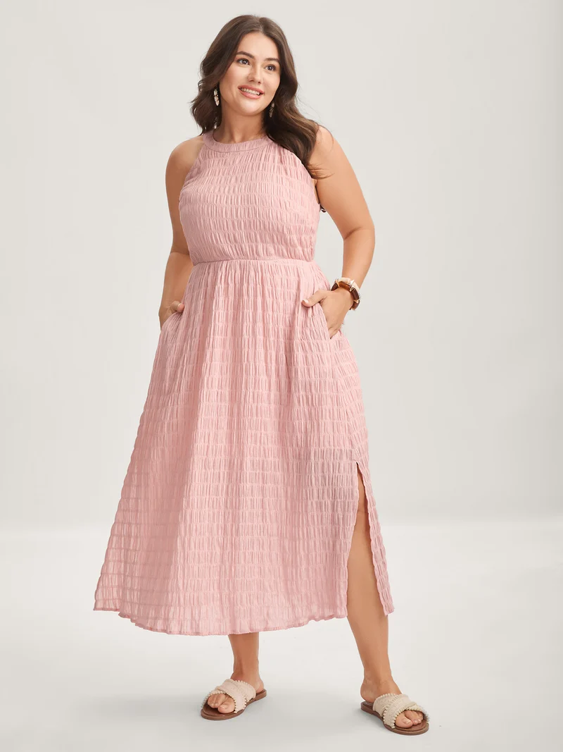 Textured Halter Neck Solid Midi Dress