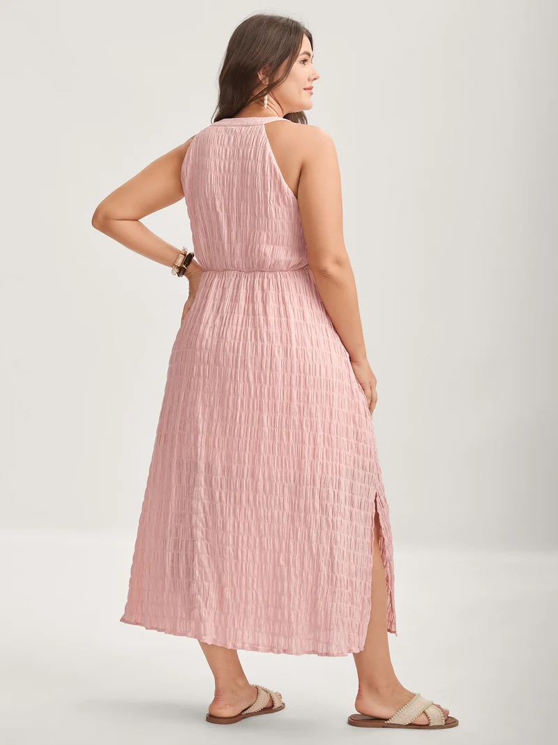 Textured Halter Neck Solid Midi Dress