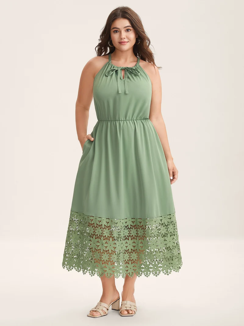 Lace Cut-Out Stretchy Waist Midi Dress
