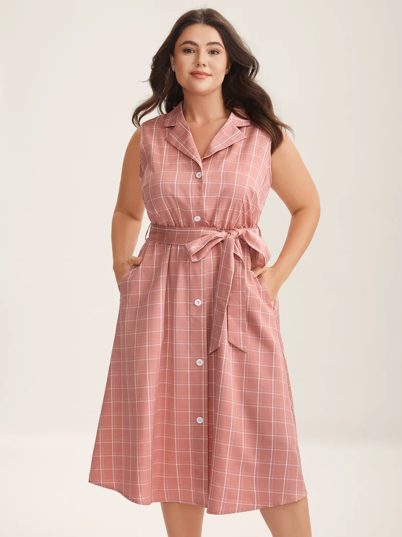 Plaid Belted Pockets Shirt Dress
