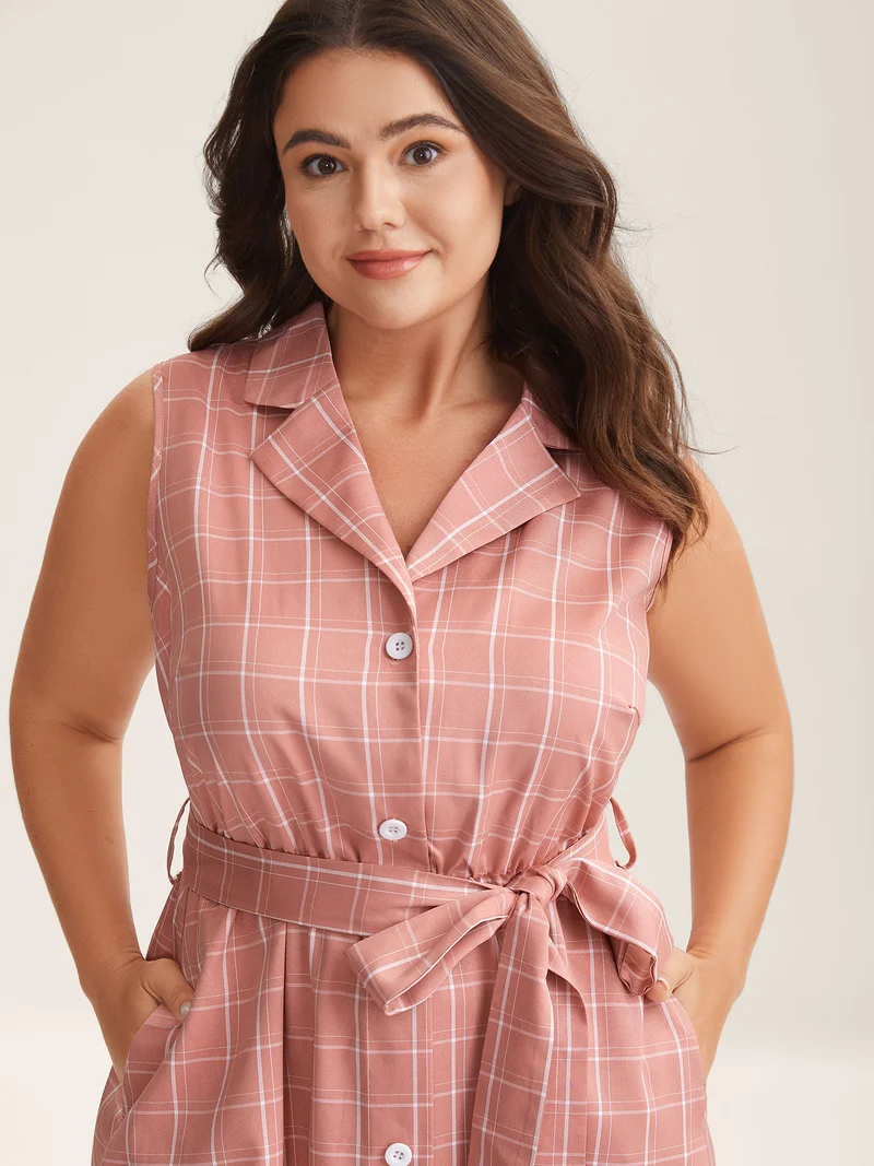 Plaid Belted Pockets Shirt Dress