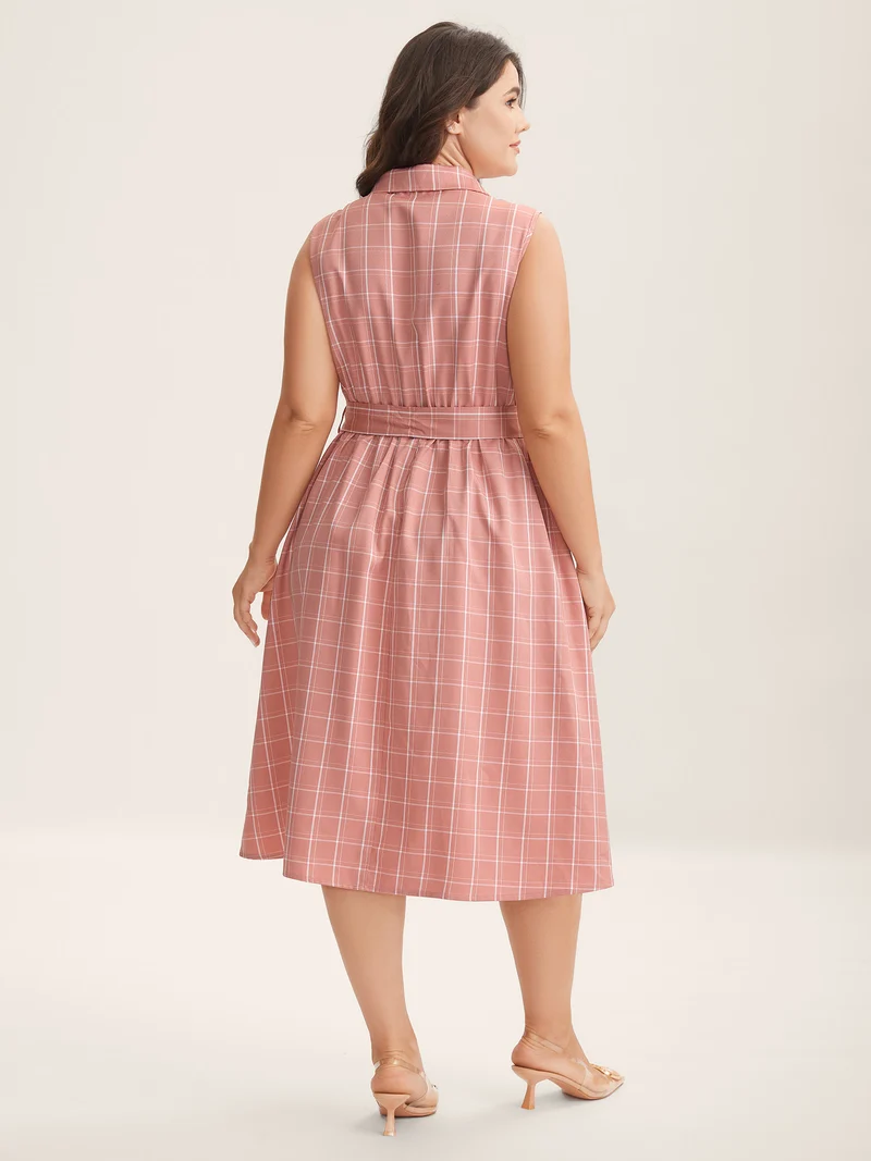 Plaid Belted Pockets Shirt Dress