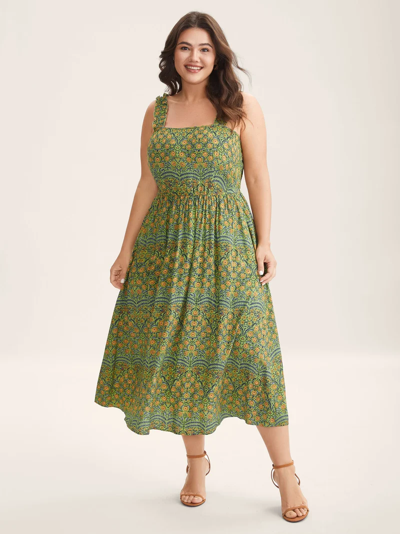 Rayon Floral Print High Waisted Midi Dress