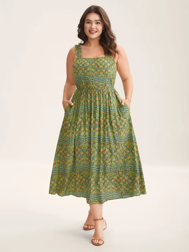 Rayon Floral Print High Waisted Midi Dress