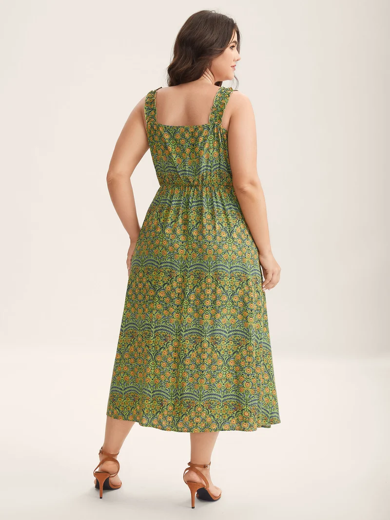 Rayon Floral Print High Waisted Midi Dress