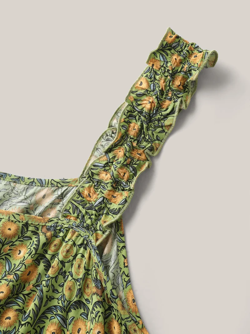 Rayon Floral Print High Waisted Midi Dress