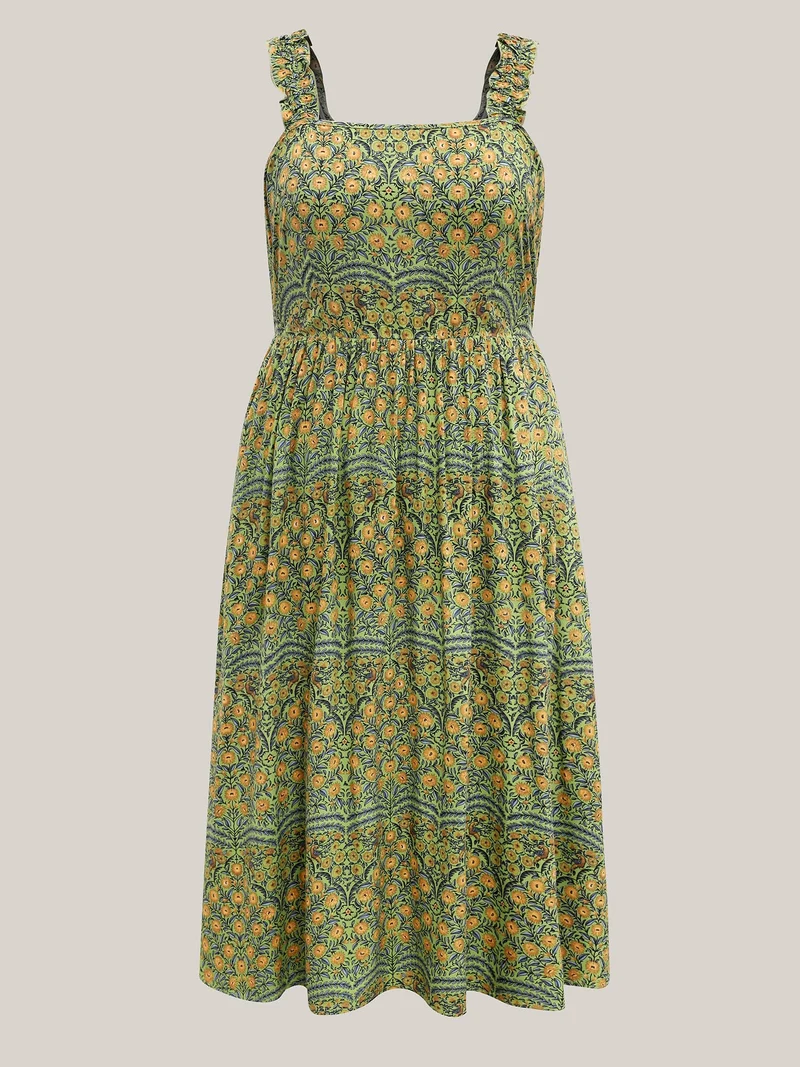 Rayon Floral Print High Waisted Midi Dress