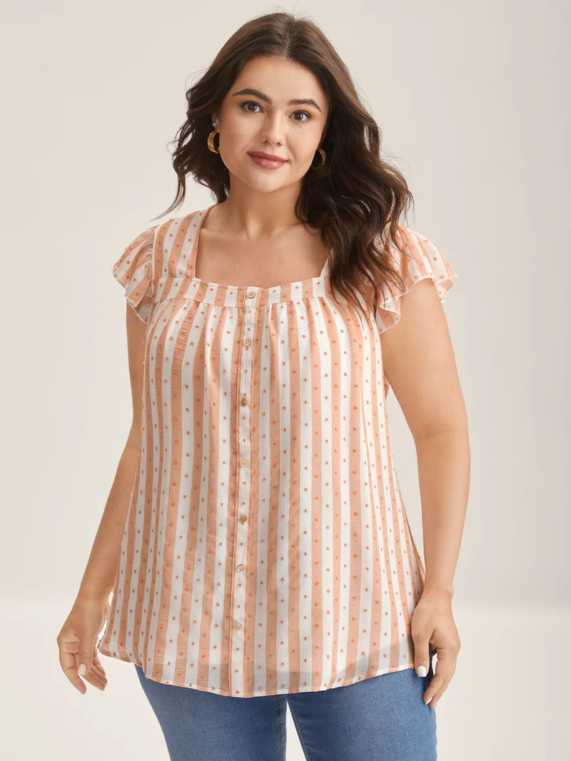 Textured Stripe Print Flutter Sleeve Blouse