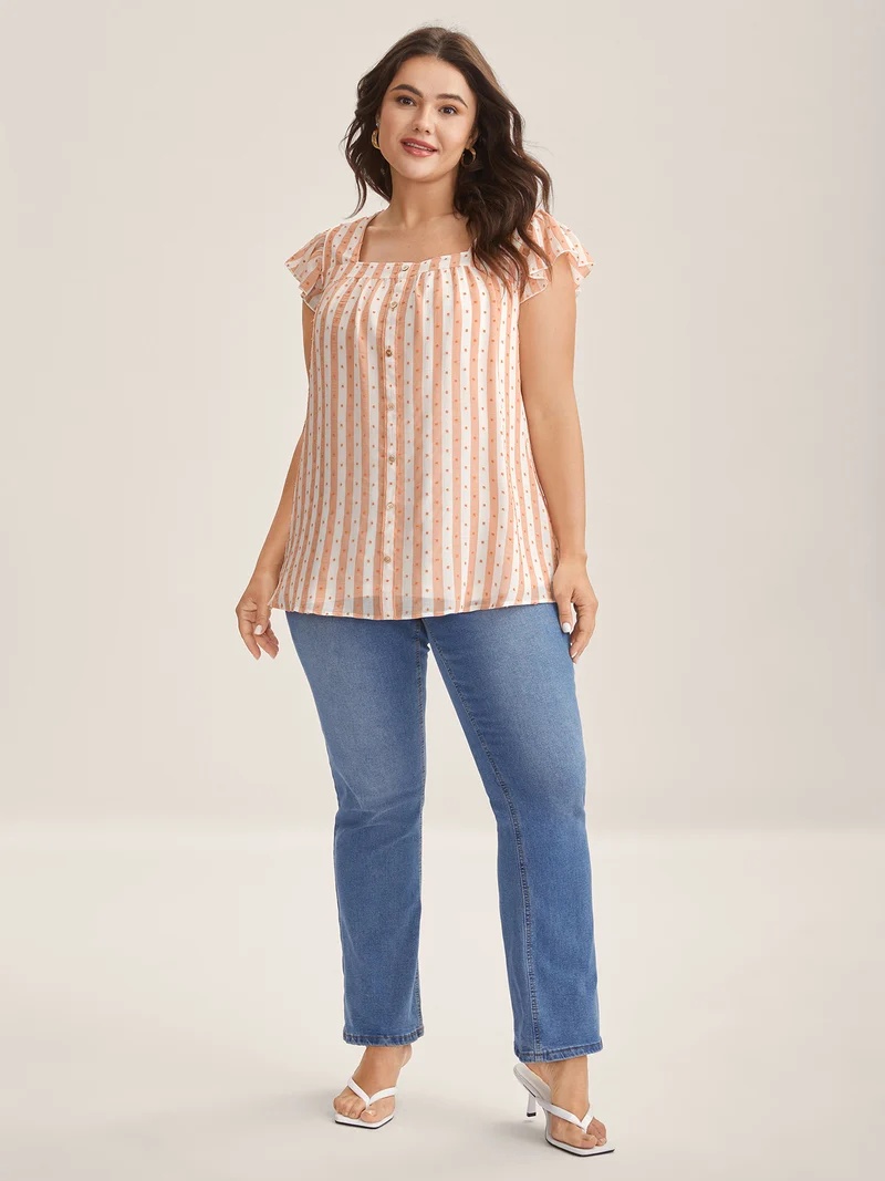 Textured Stripe Print Flutter Sleeve Blouse