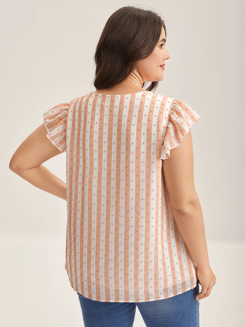 Textured Stripe Print Flutter Sleeve Blouse