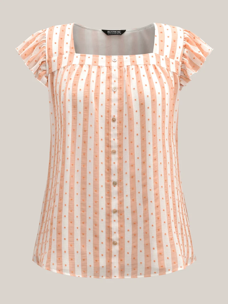 Textured Stripe Print Flutter Sleeve Blouse