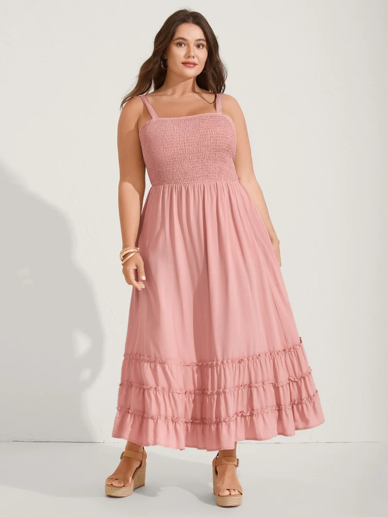 Rayon Shirred Bodice Solid Midi Dress