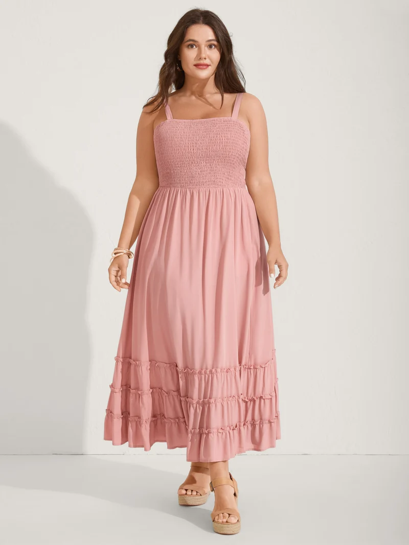 Rayon Shirred Bodice Solid Midi Dress