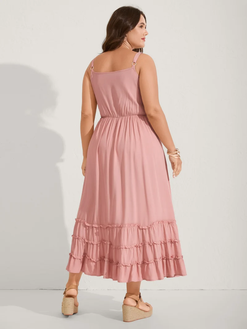 Rayon Shirred Bodice Solid Midi Dress